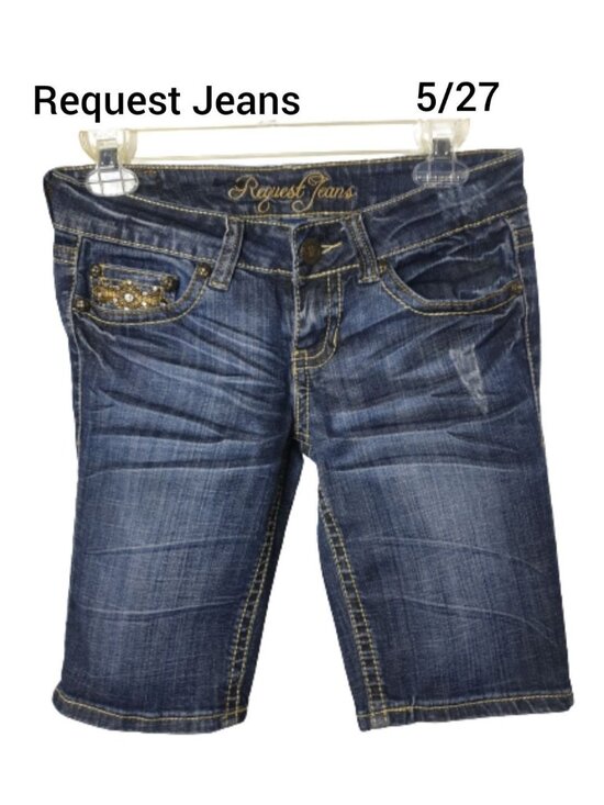 Request Jeans Pants - Request Jeans Juniors 5  Jorts Rhinestone Embellished Bermuda Shorts Gold  27"